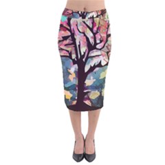 Tree Moon Night Sky Landscape Velvet Midi Pencil Skirt by Pakrebo