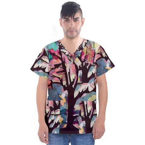 Tree Moon Night Sky Landscape Men s V-neck Scrub Top by Pakrebo