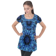 Background Blue Flower Puff Sleeve Tunic Top