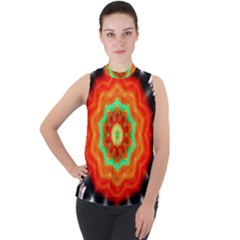 Abstract Kaleidoscope Colored Mock Neck Chiffon Sleeveless Top