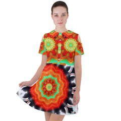 Abstract Kaleidoscope Colored Short Sleeve Shoulder Cut Out Dress 