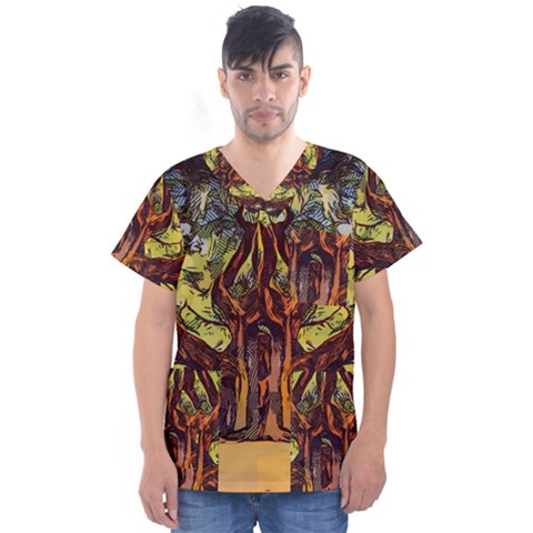 Tree Monster Maestro Landscape Men s V-neck Scrub Top by Pakrebo