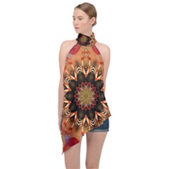 Abstract Kaleidoscope Design Halter Asymmetric Satin Top