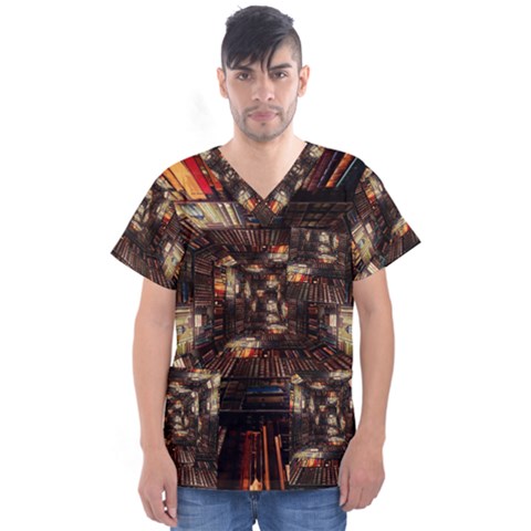 Library Tunnel Books Stacks Men s V-neck Scrub Top by Pakrebo