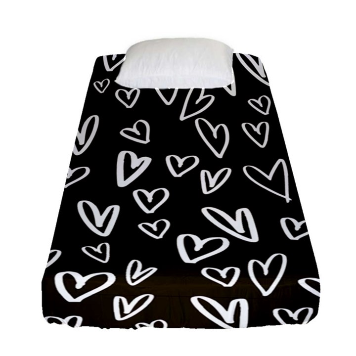 white hearts - black background Fitted Sheet (Single Size)