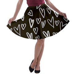 White Hearts - Black Background A-line Skater Skirt by alllovelyideas