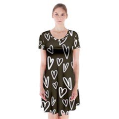 White Hearts - Black Background Short Sleeve V-neck Flare Dress by alllovelyideas