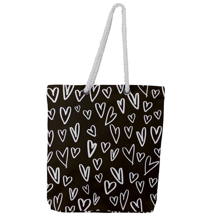 white hearts - black background Full Print Rope Handle Tote (Large)