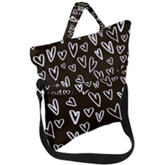 White Hearts - Black Background Fold Over Handle Tote Bag by alllovelyideas