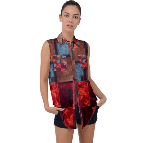 Abstract Depth Structure 3d Sleeveless Chiffon Button Shirt by Pakrebo