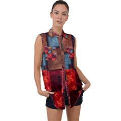 Abstract Depth Structure 3d Sleeveless Chiffon Button Shirt