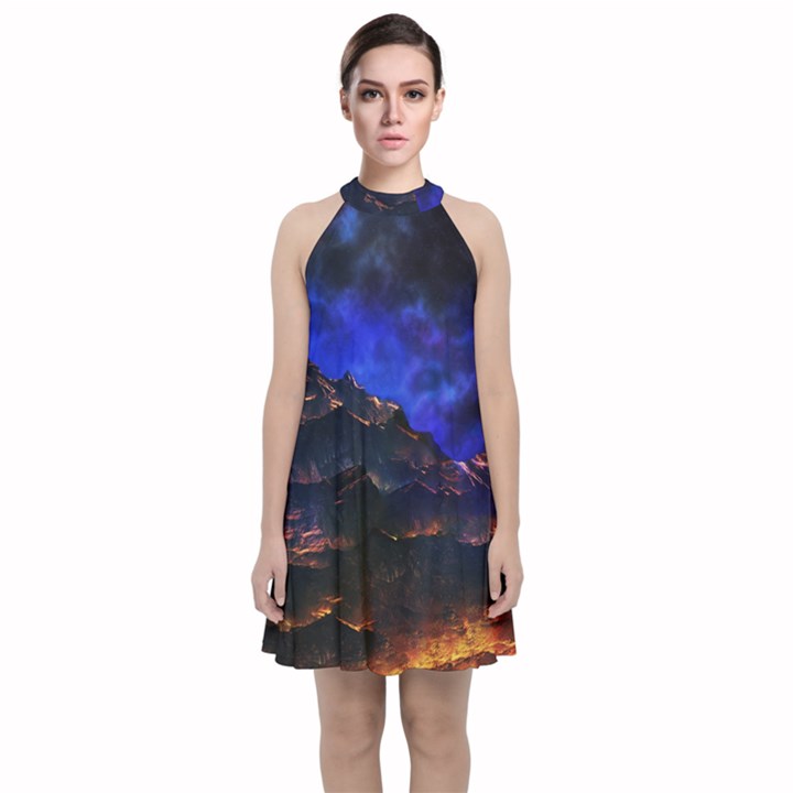 Landscape Sci Fi Alien World Velvet Halter Neckline Dress 