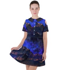 Landscape Sci Fi Alien World Short Sleeve Shoulder Cut Out Dress 