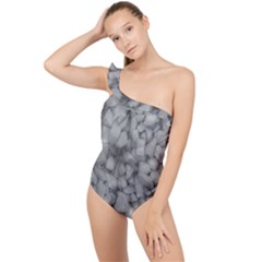 Soft Gray Stone Pattern Texture Design Frilly One Shoulder Swimsuit by dflcprintsclothing