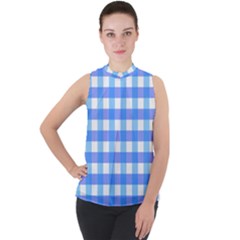 Gingham Duo Aqua On Purple Mock Neck Chiffon Sleeveless Top