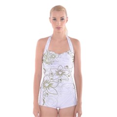 Flowers Background Leaf Leaves Boyleg Halter Swimsuit 