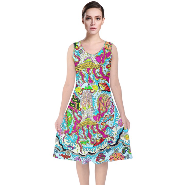 Supersonic Octopus V-Neck Midi Sleeveless Dress 