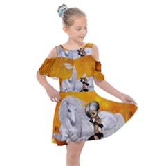 Wonderful Unicorn With Fairy Kids  Shoulder Cutout Chiffon Dress by FantasyWorld7