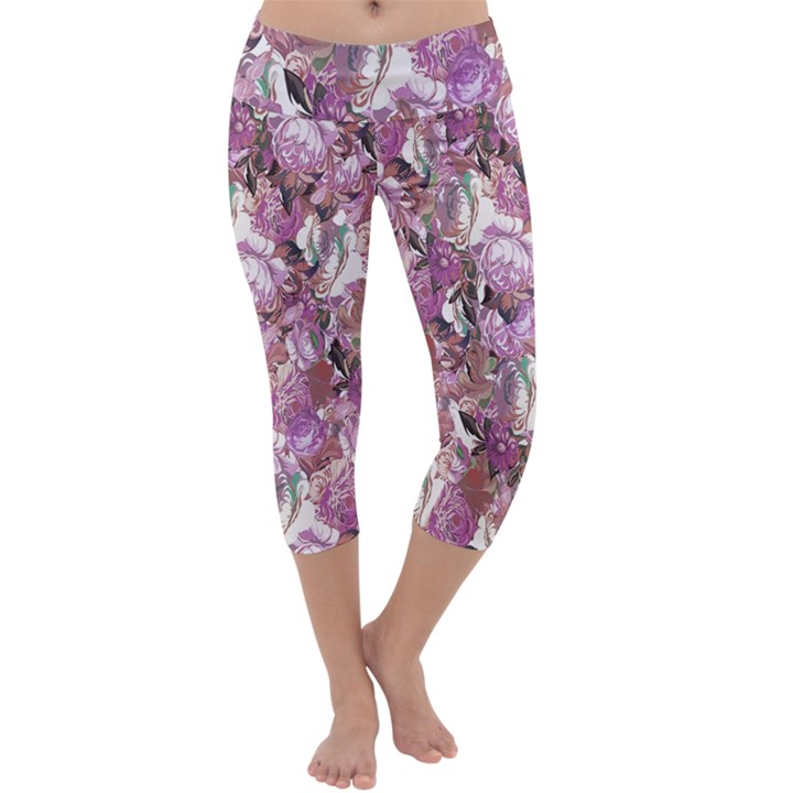 Romantic Pink Flowers Capri Yoga Leggings