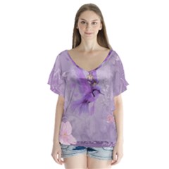 Fairy With Fantasy Bird V-neck Flutter Sleeve Top by FantasyWorld7