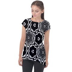 Black White Abstract Flower Cap Sleeve High Low Top