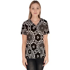 Black White Abstract Flower Women s V-neck Scrub Top by retrotoomoderndesigns