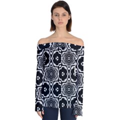 Black White Abstract Flower Off Shoulder Long Sleeve Top