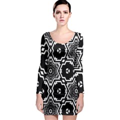 Black White Abstract Flower Long Sleeve Bodycon Dress by retrotoomoderndesigns