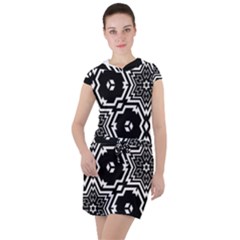 Black White Abstract Flower Drawstring Hooded Dress