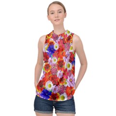 Multicolored Daisies High Neck Satin Top