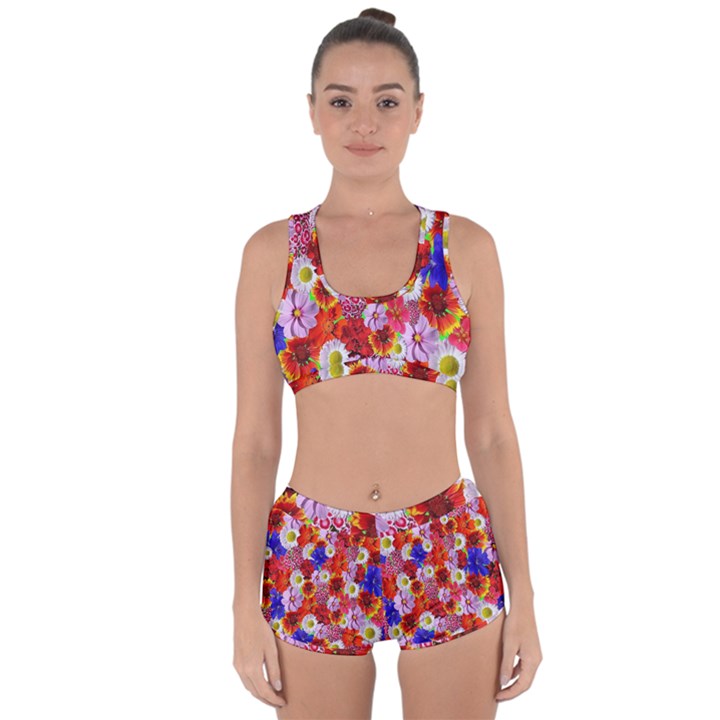 Multicolored Daisies Racerback Boyleg Bikini Set