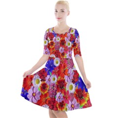 Multicolored Daisies Quarter Sleeve A-line Dress by retrotoomoderndesigns