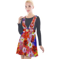 Multicolored Daisies Plunge Pinafore Velour Dress