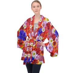 Multicolored Daisies Velvet Kimono Robe