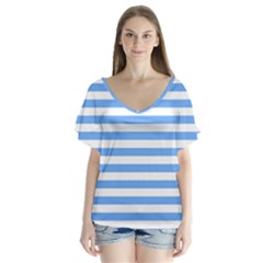 Blue Stripes V-neck Flutter Sleeve Top by snowwhitegirl