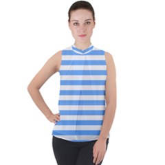 Blue Stripes Mock Neck Chiffon Sleeveless Top