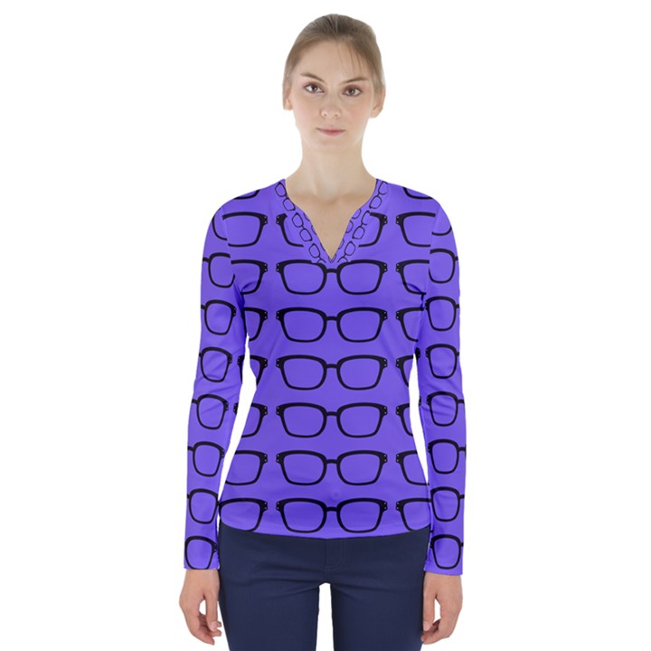 Nerdy Glasses Purple V-Neck Long Sleeve Top