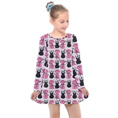 Waitress Uniform Dresses Nerdy Glasses Pattern Pink Kids  Long Sleeve Dress by snowwhitegirl