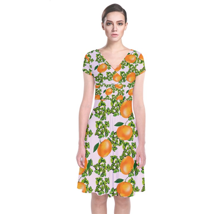 Citrus Tropical Orange Pink Short Sleeve Front Wrap Dress