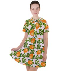 Citrus Tropical Orange Pink Short Sleeve Shoulder Cut Out Dress  by snowwhitegirl