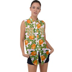 Citrus Tropical Orange Pink Sleeveless Chiffon Button Shirt