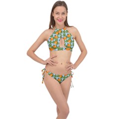 Citrus Tropical Orange Blue Cross Front Halter Bikini Set by snowwhitegirl