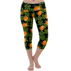 Citrus Tropical Orange Black Capri Yoga Leggings by snowwhitegirl