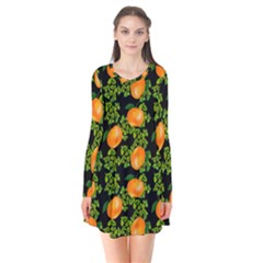 Citrus Tropical Orange Black Long Sleeve V-neck Flare Dress