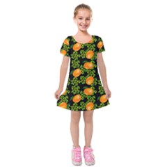 Citrus Tropical Orange Black Kids  Short Sleeve Velvet Dress