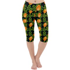 Citrus Tropical Orange Black Lightweight Velour Cropped Yoga Leggings by snowwhitegirl