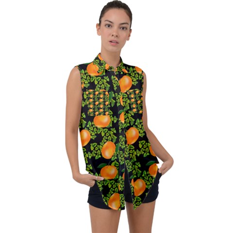 Citrus Tropical Orange Black Sleeveless Chiffon Button Shirt by snowwhitegirl