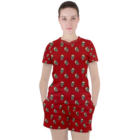 Skull Red Pattern Women s Tee And Shorts Set by snowwhitegirl