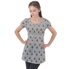 Skull Grey Pattern Puff Sleeve Tunic Top