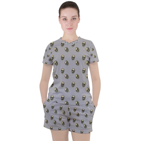 Skull Grey Pattern Women s Tee And Shorts Set by snowwhitegirl